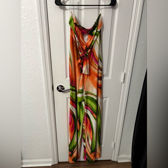 Strapless Tropical Print Jumpsuit - Orange & Green - Picture 2 of 2